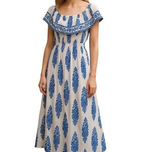 KORI Sz L On or Off the Shoulder Blue & White Maxi Dress | EUC